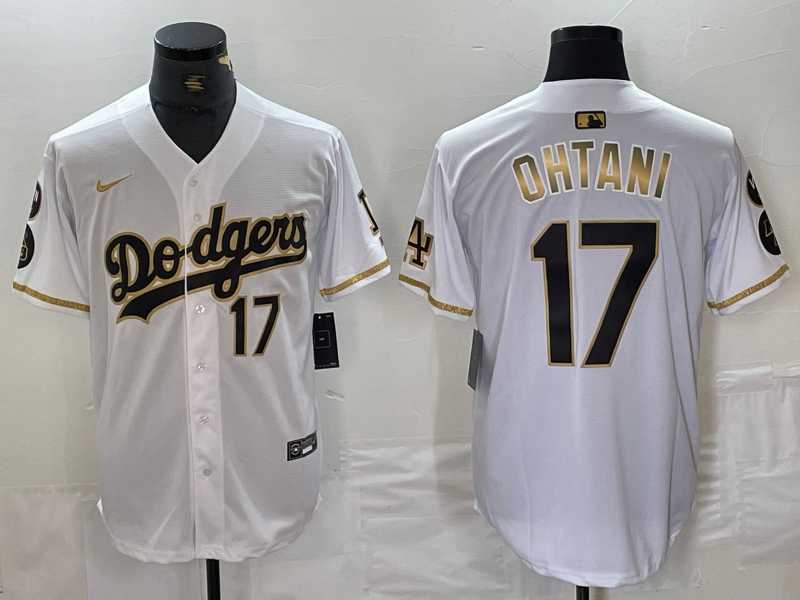 Mens Los Angeles Dodgers #17 Shohei Ohtani Number White Gold Fashion Stitched Cool Base Limited Jersey